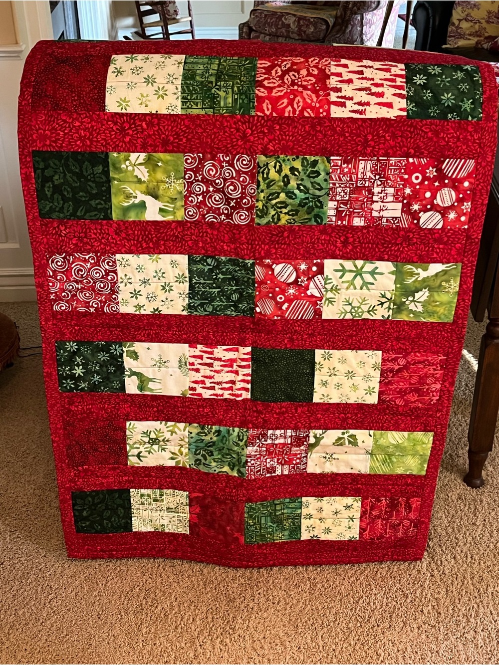 Handmade Festive Patchwork Holiday Throw in Red and Green